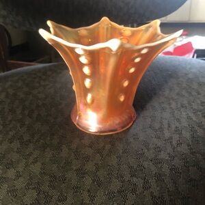 Beautiful rare vintage carnival glass vase marigold in color. Tentacle looking